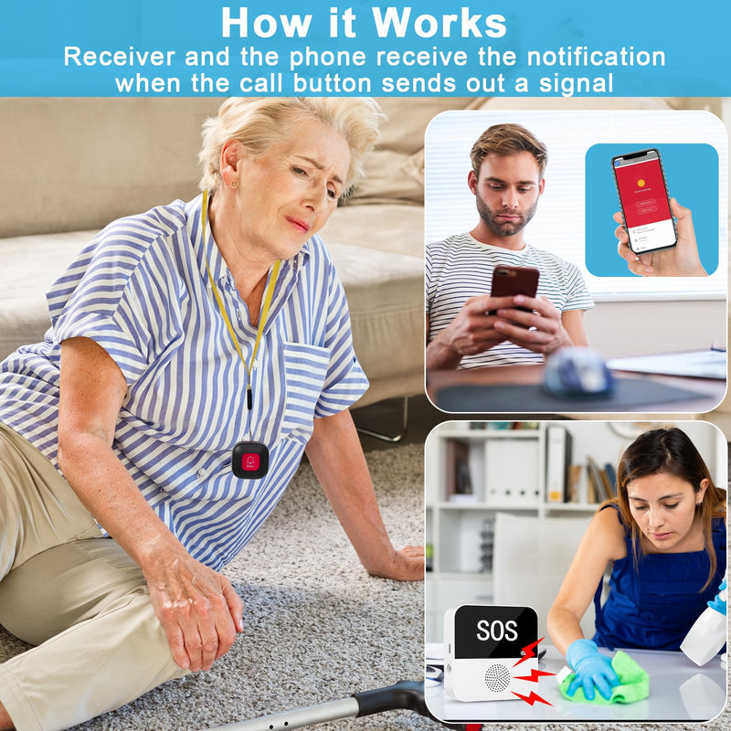 WiFi Wireless Caregiver Pager Call Button Life Alert System Emergency Alert Button for Seniors Patient Disabled Elderly 2 Panic Buttons 1 Receiver(only Supports 2.4GHz Wi-Fi) 2 black call buttons + 1 receiver