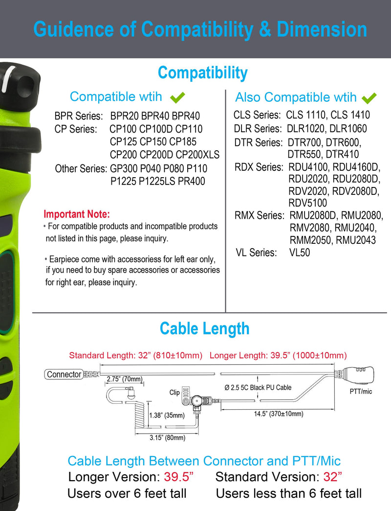 commountain earpiece for Motorola Walkie Talkie and Radio with PTT/Mic, Compatible for CP200D CP100D R2 CP200 CP185 BPR40 CLS1410 CLS1110 RMU2040 RMU2080D, Acoustic Tube Surveillance Headset, 2 Pin For users less than 6 feet tall