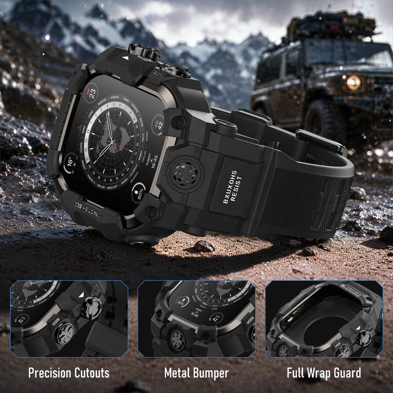 BXUXOHS Rugged Case and Band for Apple Watch Series 9/8/7 45mm Cover Men | Military-Grade Tactical Durable Case,Shockproof Metal Bumper,Mudproof Waterproof TPU Band Cover for iWatch 9/8/7 45,Black 03-Black & Titanium Black