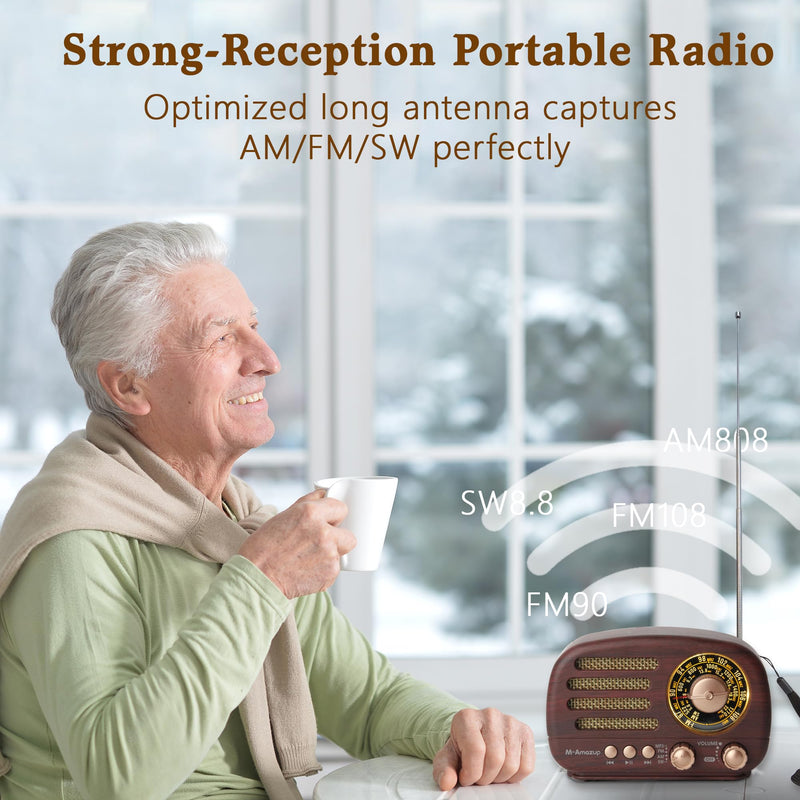 Radios Portable AM FM SW, Retro Radio with Speaker, Transistor Radio Bluetooth 5.3, Rechargeable Battery Powered, TWS, Support TF Card/MP3/USB Playing, Gifts for Senior, Dark Wood