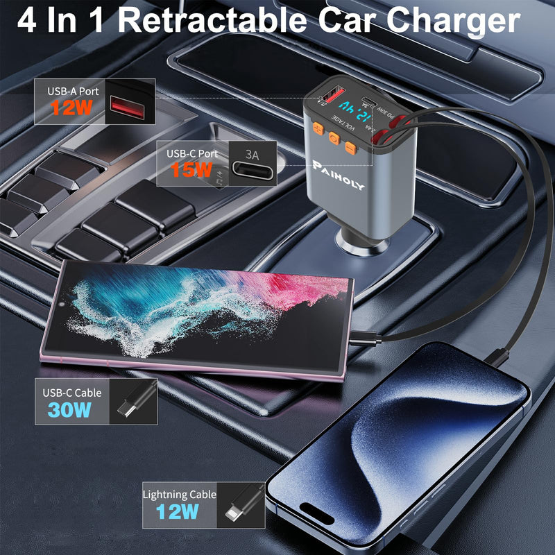 [AUSTRALIA] - Bluetooth 5.3 Car Adapter, FM Transmitter Bluetooth Car Charger, 4 in 1 Retractable Car Charger, Phone USB C PD Fast Charging Adapter for RV SUV Truck, Fit iPhone 17/16/15/14 (Type C & Lightning) Grey 