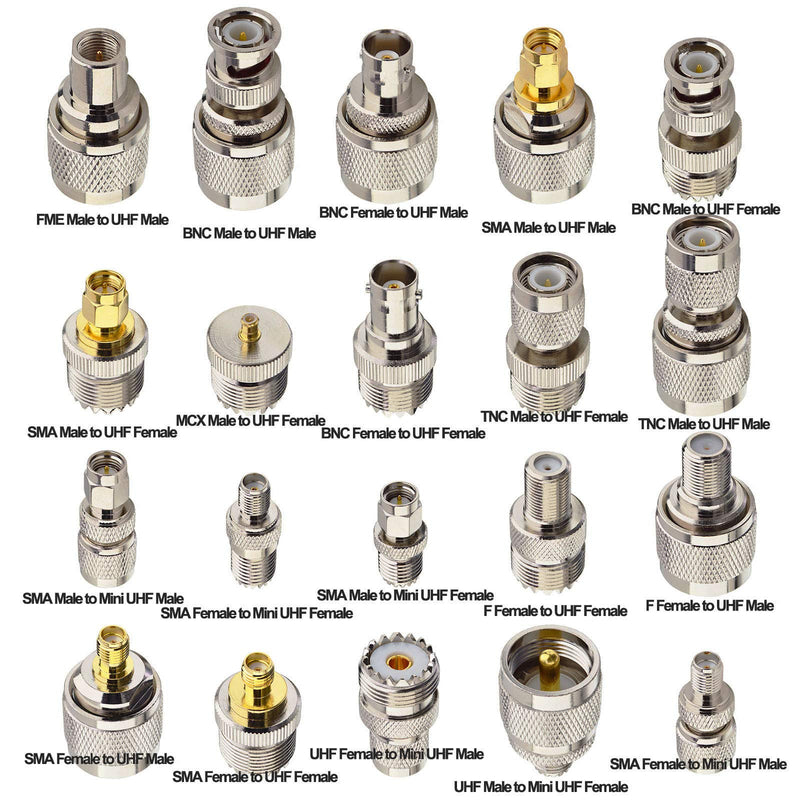 onelinkmore 20 Type Set UHF PL259 SO239 Mini UHF Adapter Kits UHF to SMA/BNC/MCX/FME/F/TNC/Mini UHF RF Coaxial Adapter Male Female Coax UHF VHF HF Radios Adapter Connector Kit … Black