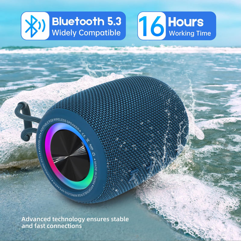 Portable Bluetooth Speaker, BT5.3 Wireless Speaker 20W Bass Diaphragms with Multi LED Light Dynamic Modes, IPX6 Waterproof 16H Playtime supports FM Mode, TF, USB for Home, Cycling, Outdoor, Beach Blue