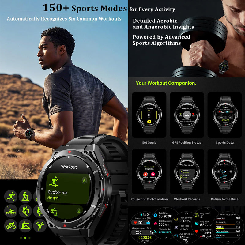 Military GPS Smart Watch: 1.43” AMOLED Always On Display, Built-In GPS, Compass, Altimeter, Barometer, Fitness/Path Tracker, BT Call, 150+ Sports, IP69K, Voice Assist, Long Battery Life, Android/iOS