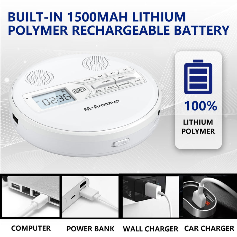 CD Player Portable, Rechargeable Portable CD Player with Dual Speakers and Anti Skip,CD,Dual Bluetooth,FM Transmission,USB,AUX,LCD Display,Sensitive Button,Repeat,10 Speeds for Home Car White