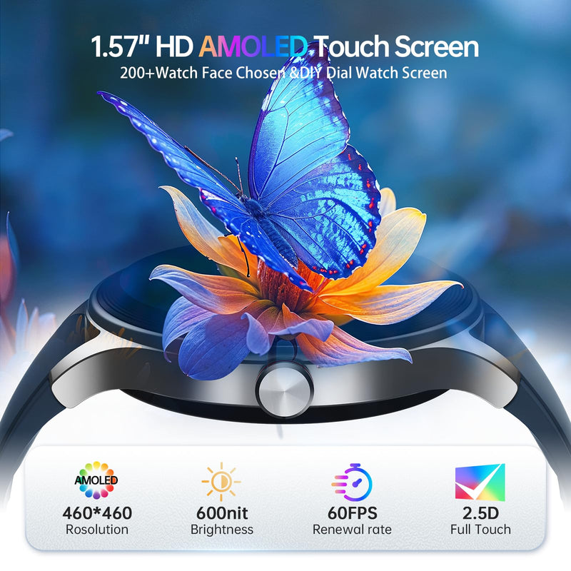 Woneligo Smart Watch for Men,1.57'' AMOLED Touchscreen Compatible with Android&iOS,IP68 Waterproof Fitness Watch with Heart Rate/Sp02/Sleep & Calories Monitors 110+ Sport Modes,Bluetooth Calls
