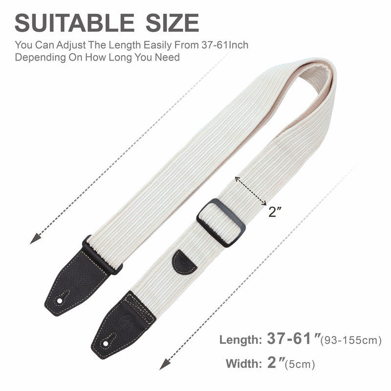 Guitar Strap 2 inch Corduroy Guitar Straps with Full Grain Leather End, for Bass Electric and Acoustic Guitars, Free Strap Button, 2 Strap Locks and 4 Guitar Picks Corduroy Series White