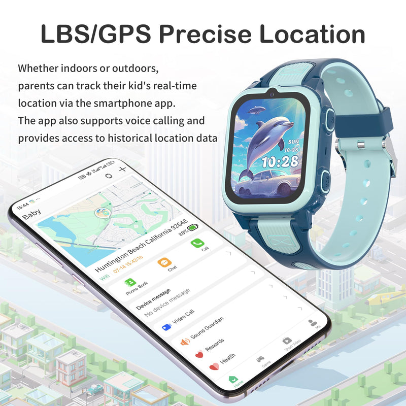 4G Kids Smart Watch with GPS Tracker Video Voice Calling Text Chat SOS Call, Waterproof Smartwatch Age 5-12, Wallpaper Store School Model Camera Pedometer Games Alarm Clock Stopwatch for Kids(Blue) SkyBlue