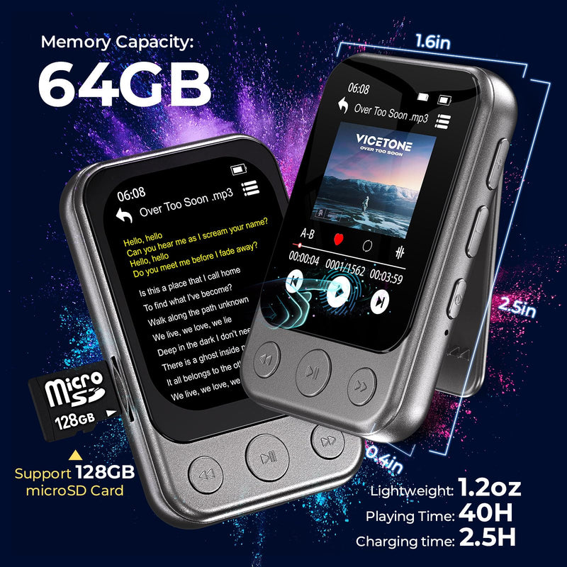 64GB Clip on MP3 Player with Bluetooth 5.3, Built-in Speaker, 2" HD Touchscreen, FM Radio, Voice Recorder, Portable Music Player for Running, Gym, Shuffle Audio Video, Up to 128GB MicroSD Card Gunmetal Grey