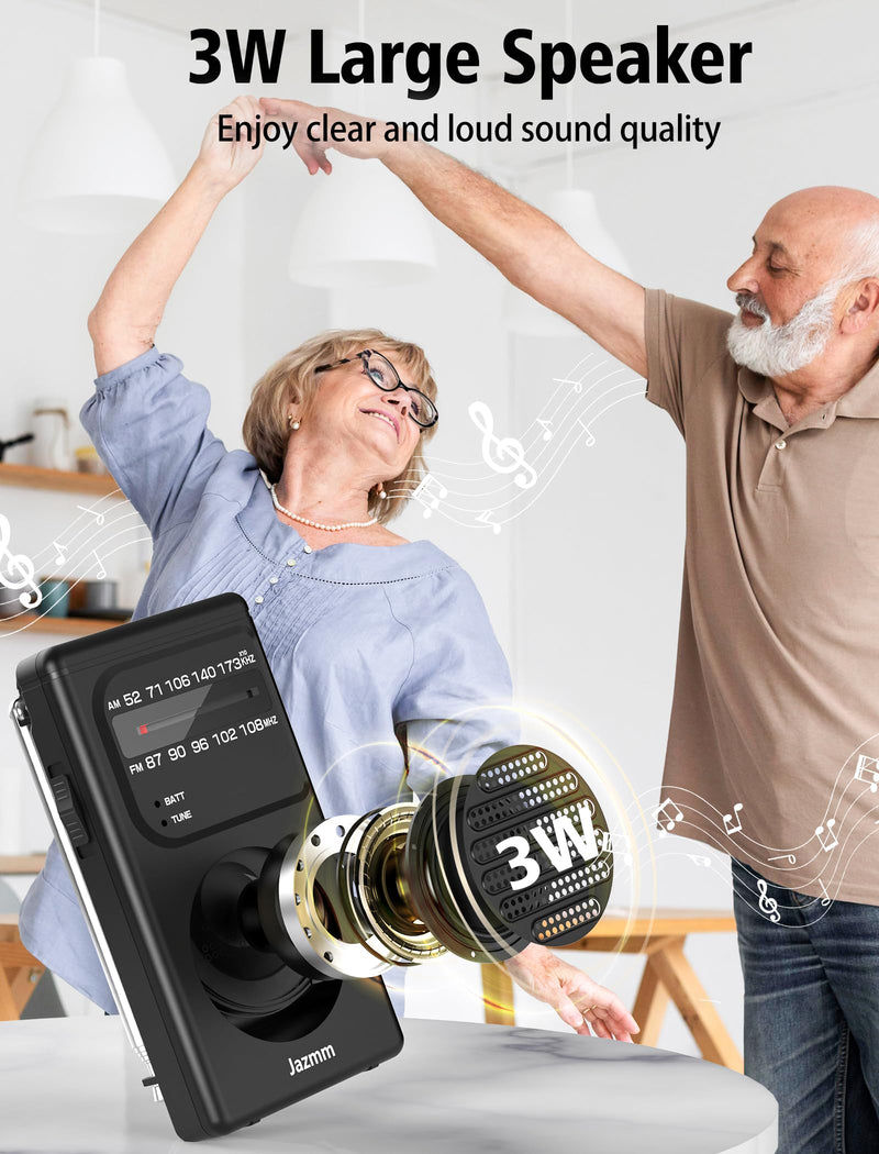 Portable Radio AM FM,Battery Operated Radio with 3W Large Speaker,Transistor radios with Best Reception,Pocket Radio with Back Clip,Flashlight,3.5mm Earphone Jack,Tuning Light,Gift for Elder Black