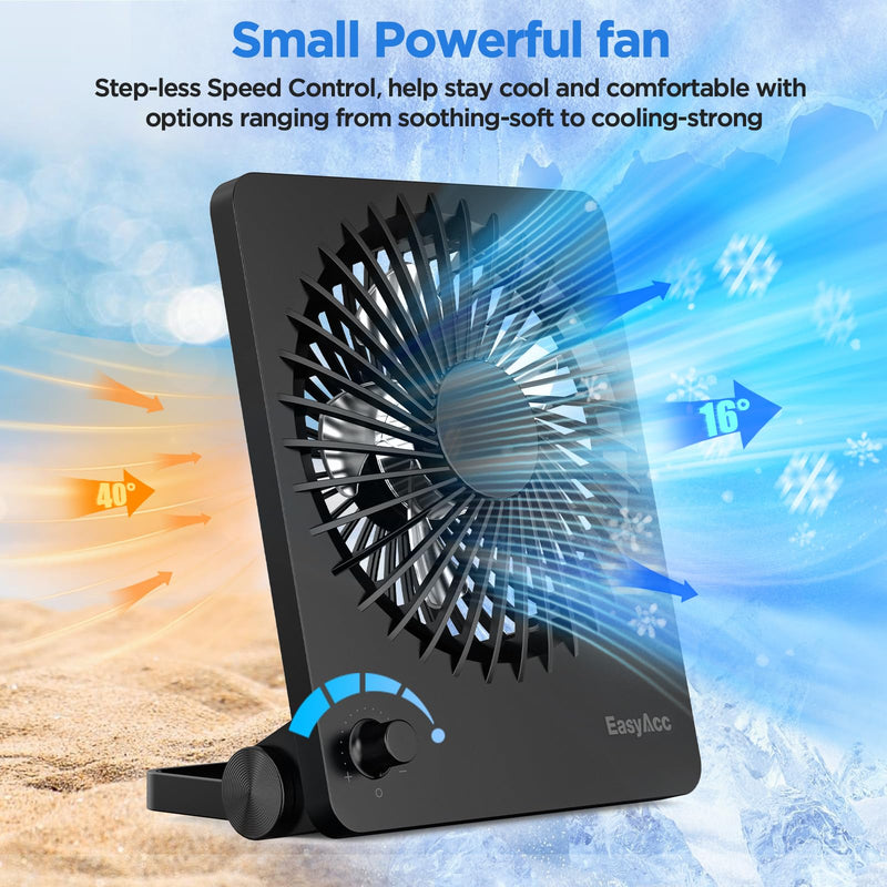 EasyAcc 10000mAh Travel Fan, Usb Desk Fan Portable, Up to 59Hour Runtime | 6"W x8“H, Ultra-Slim Design, Quiet Stepless Speed Control for Sleeping, Battery Powered Rechargeable Fan, Cruises Essential Black-6000 Battery