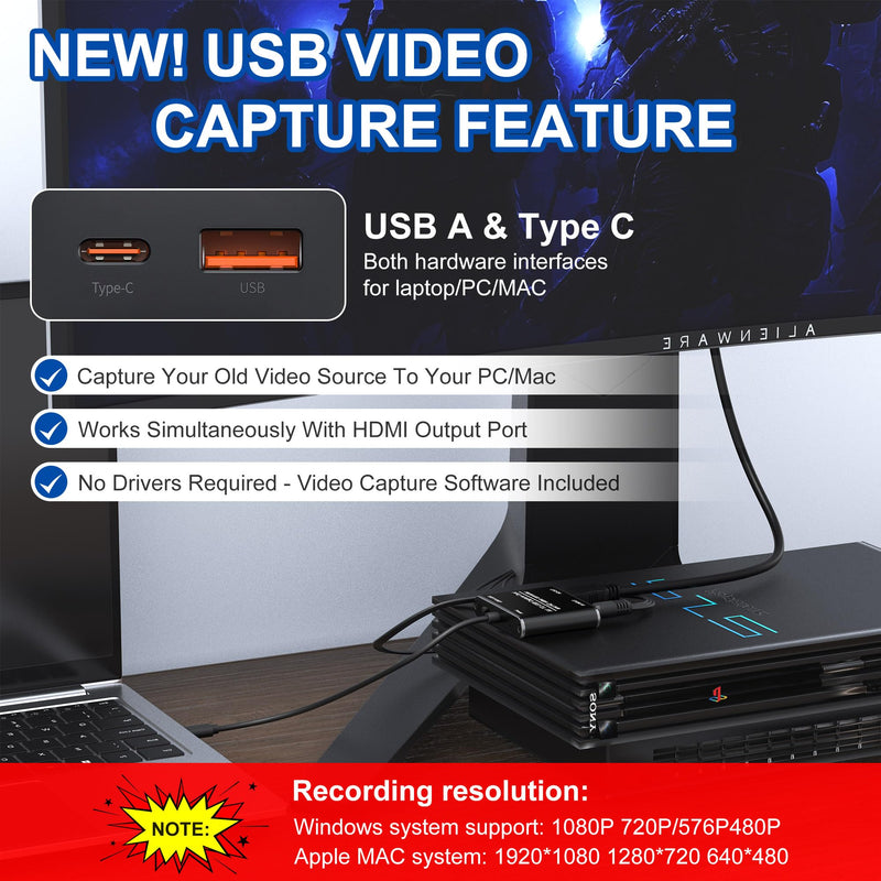 [AUSTRALIA] - RCA to HDMI Converter & VHS to Digital Converter - USB Video Capture Card for VHS/VCR/DVD/AV - Analog to Digital Converter with 1080P HD Output, AV HDMI Adapter, Save and Digitize Old Videos 