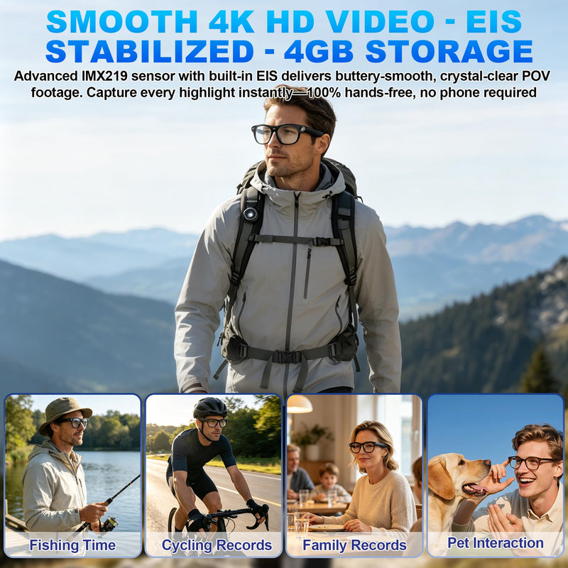 AI Smart Glasses with Camera, 4K Video Recording & Photo Capture Sunglasses | Real-Time Translation, Open-Ear Bluetooth Audio, AI Voice Assistant, Object Recognition, Replaceable Lenses for Men & Women