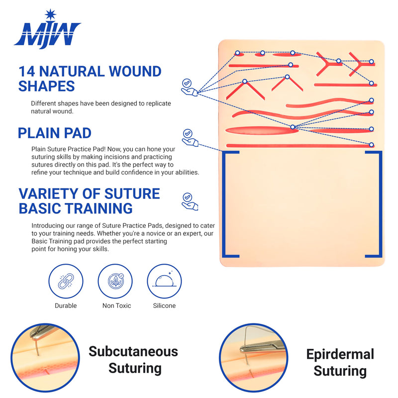 MJW Dual Seam Practice Pad - Two in One Seam Pad, 3 Layers, 14 Pre-Cut Wounds and Unadorned Silicone Skin Seam Exercise Pad of Different Styles - Ideal for Students Suture Training Dual Pad
