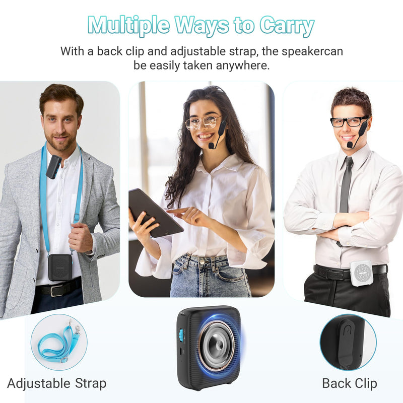 [AUSTRALIA] - AI Wireless Voice Amplifier with 2 Wireless Mics(1 Lavalier mic & 1 Microphone Headset), Bluetooth 5.3 PA System for Teachers, Tour Guide, Yoga - 15H Rechargeable Battery, Waist-Mount Design Black 