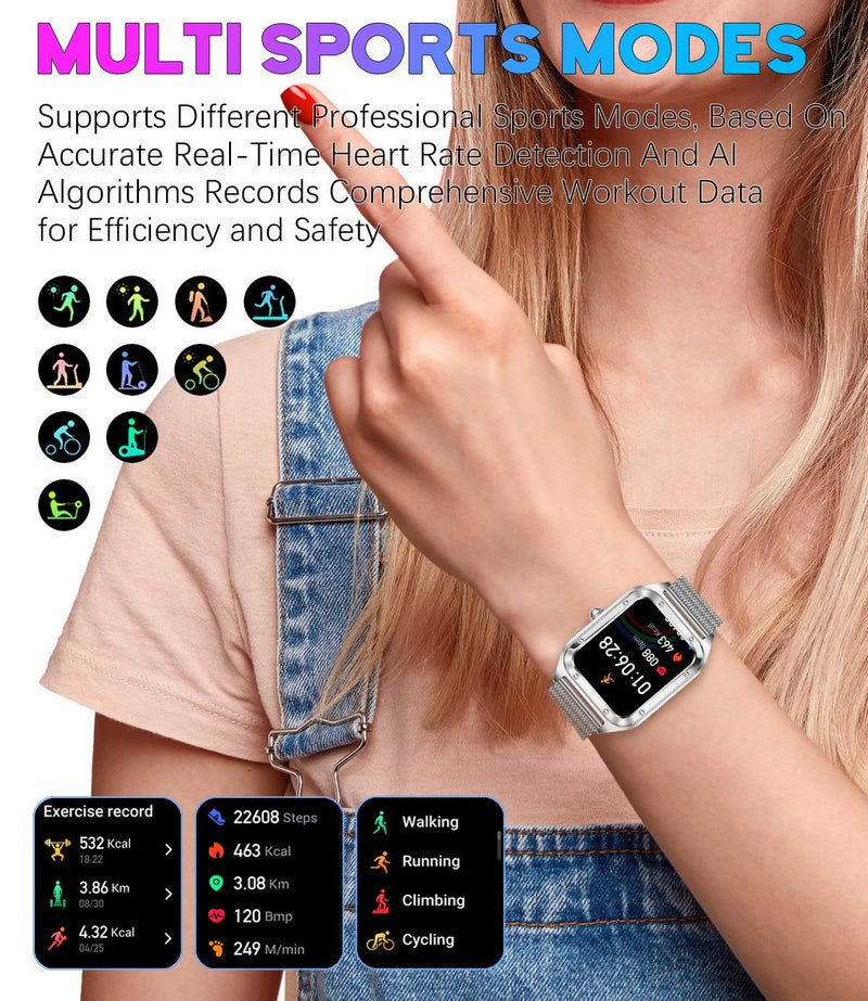 Smart Watch for Women, 1.59'' Full Touch Women's Smartwatch with Female Health Tracking, Fitness Tracker Heart Rate Monitor, Waterproof Sports Smartwatch for Android iOS (Silver Mesh RT-i98)