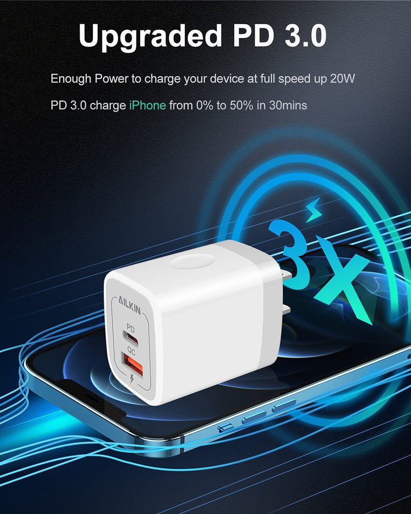 [AUSTRALIA] - 3Pack Dual Port USB-C Wall Plug-in USB Charger, AILKIN 20W Power Delivery + QC3.0 USB A Double Port Fast Charging Block for iPhone 15 14 13 12 Pro Max 14 Pro 12 Mini 11 Pro Max 14 Plus 11 SE X XS Cube White 
