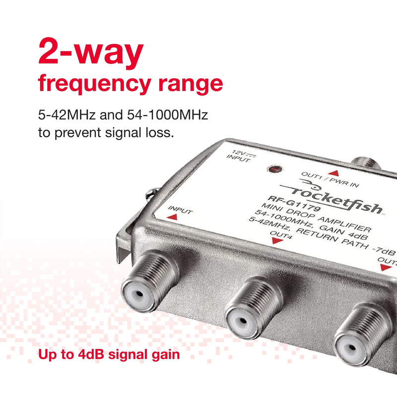 Rocketfish 4 Output Coaxial Amplifier - Coaxial Connection Amplifier for Cable TV & Modems - Antenna Amplifier with LED Power-On Indicator & 2-Way Frequency Range - Amplifier Prevents Signal Loss