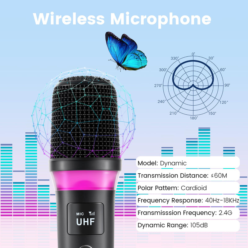Wireless Microphones, Rechargeable Cordless Karaoke Microphone with One-to-One Chip Connection, LED Lights, 40H Duration, 200FT, Handheld Bluetooth Microphone Wireless for Singing,Speech,Church,Party