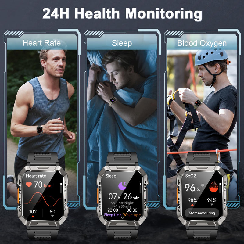 Military Smart Watch for Men(Answer/Make Call), Outdoor Sports Smartwatch with Flashlight/100 Days Battery/Compass/Heart Rate/SpO2/Sleep Monitor/2 Straps, Fitness Tracker for iPhone/Android Phones W60 Black