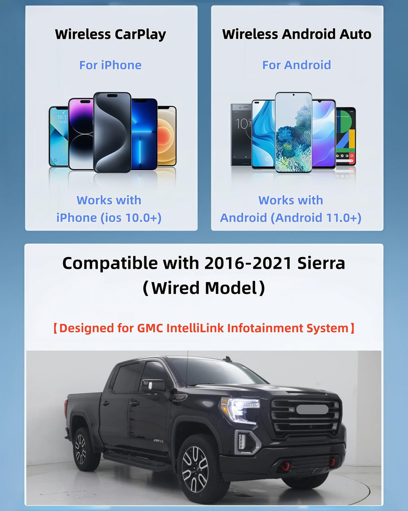 【Compatible with 2016-2021 Sierra（Wired Model）】 Wireless Adapter | 2-in-1 Wireless CarPlay & Android Auto Adapter【Designed for IntelliLink Infotainment System】Small & discreet
