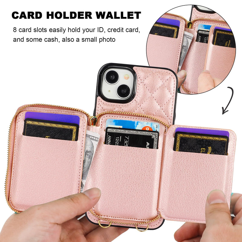 Bocasal Crossbody Wallet Case for iPhone 15 Plus, RFID Blocking PU Leather Zipper Handbag Purse Flip Cover, Kickstand Folio Case with Card Slots Holder Wrist Strap Lanyard 5G 6.7 Inch (Rose Gold) Rose Gold