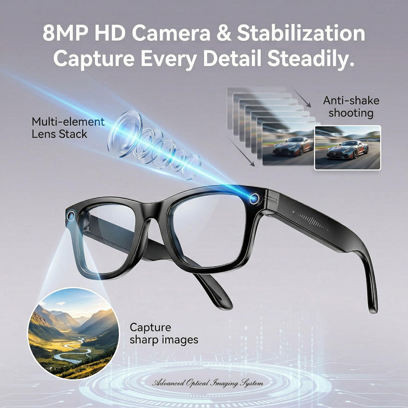 AI Smart Glasses with Camera, 1080P HD POV First-Person View Video Recording and Translator, AI Object Recognition, Bluetooth Audio, 290mAh Battery, Photochromic Lenses for Sports, Travel, Work
