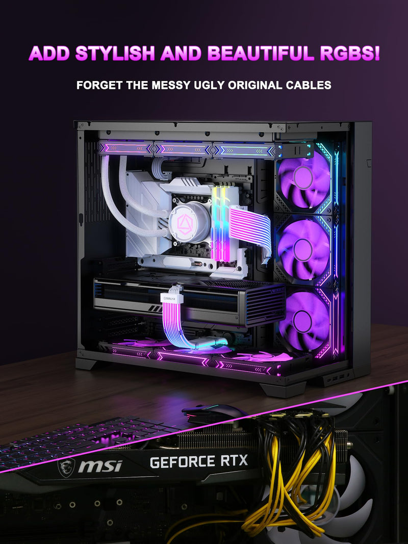 Sirlyr RGB 12VHPWR Cable Set,ARGB PSU Extensions for RTX 50/40 | Includes 24Pin ATX & 16Pin to 2×8Pin GPU cables,soft LED strip ARGB lighting,compatible with RTX 5090/5080/4080 12VHPWR to 2×8 Pin Set