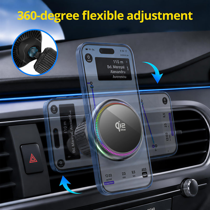 Qi2.2 25W Car Charger Mount Compatible with MagSafe Car Charger | TEC Cooling and 7-Color Fan, Wireless Car Charger Magnetic Phone Holder for iPhone 17/16/15/14/13/12