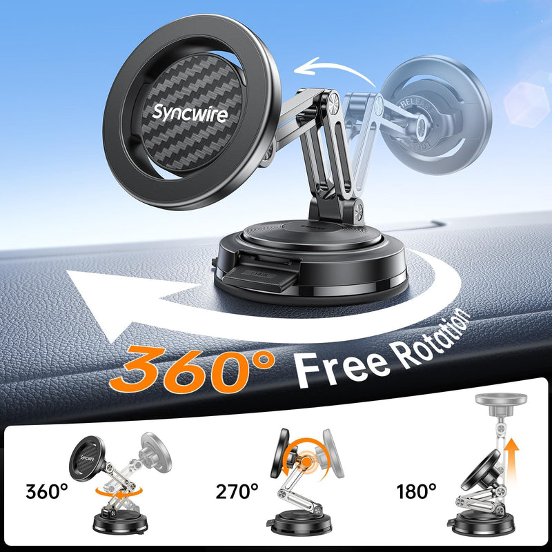 SYNCWIRE for MagSafe Car Mount Vacuum Magnetic Phone Holder Dash Windshield | Strong Magnets, Replaceable Suction Cup, Foldable 3 Axis, 360° Rotation, Tesla Screen Mount, iPhone 17 to 12 Pro Max Plus Carbon Fiber