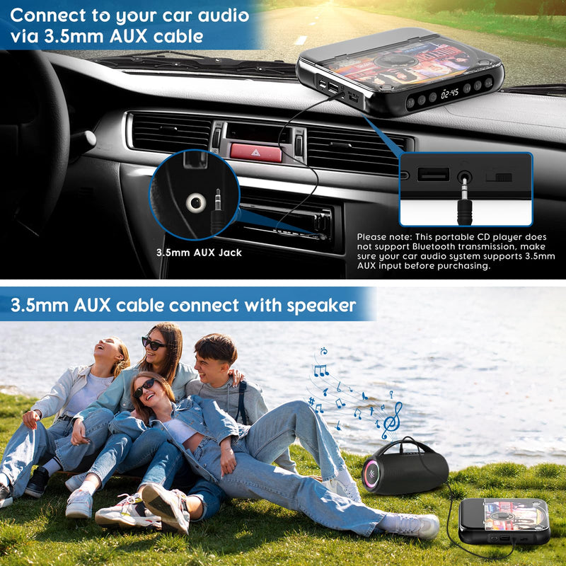 Portable CD Player with Bluetooth, Rechargeable Small CD Player, Built-in HiFi Speakers, Walkman CD Player with Headphones, LCD Screen, Support CD/AUX/USB/Repeat, Black