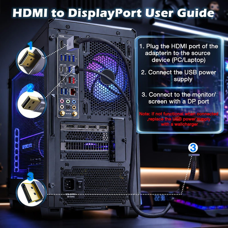 Active HDMI to DisplayPort Cable Uni-Directional 6FT (4K@60Hz/1080P@120Hz) | HDMI Source to DP Monitor Adapter Display Port Cord Compatible with Laptop, AMD, NVIDIA, PS5, Xbox and More 6 FT