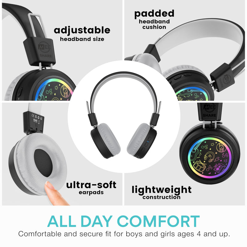 MEE audio KidJamz Share Bluetooth Headphones for Kids with LED Lights, 85dB Volume Limiter, Microphone, 40h Battery; Childrens Headset for School/iPhone/iPad/Tablet (Model: KJ55BT-S, 2-Pack) Black Share (2-Pack)