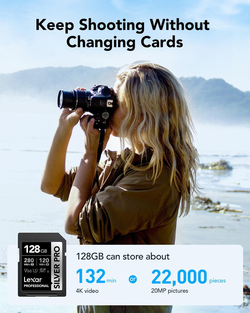 Lexar 128GB (2-PK) Professional SILVER PRO SDXC Memory Card, UHS-II, C10, U3, V60, Full-HD & 4K Video, Up To 280MB/s Read, for Professional Photographer, Videographer, Enthusiast (LSDSIPR128G-B2NNU) 2-Pack