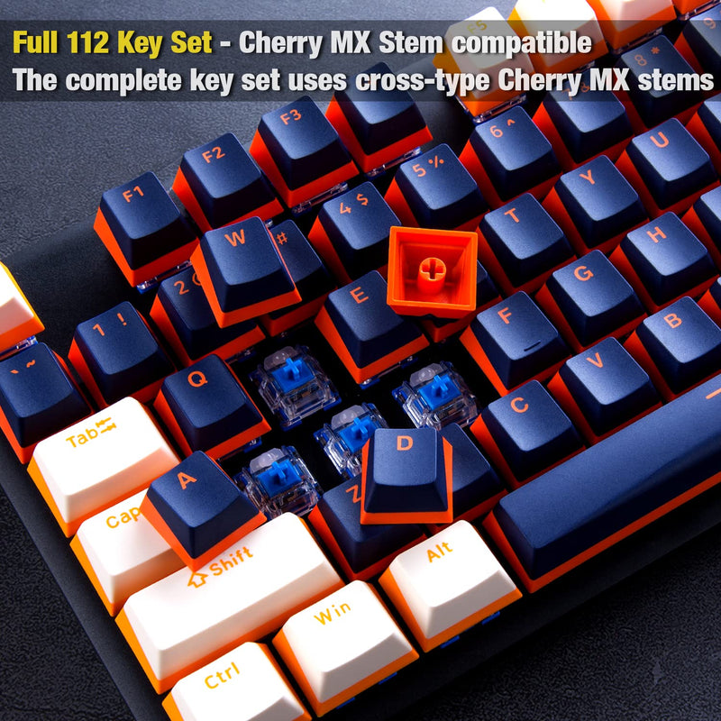 GunMjo PBT Doubleshot Keycaps for Gaming Keyboard with Cherry MX Switches, OEM Profile 112 Keys with 6.25U Space Bar, Bevel Cut Keycaps for Mechanical Keyboard, Blue/White with Orange Bottom