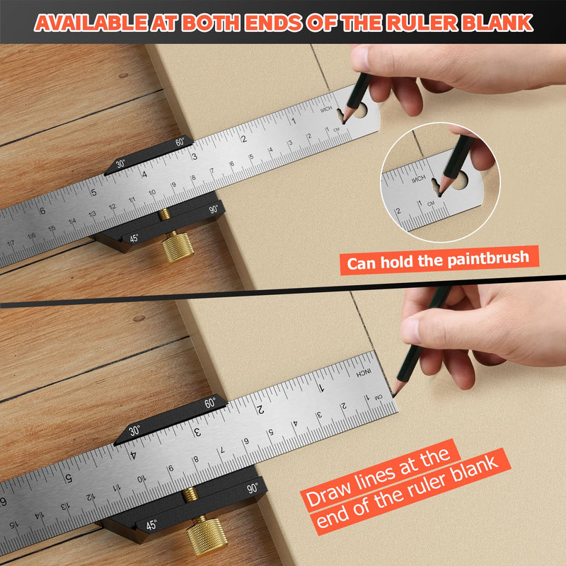 Marking gauge, 30°/45°/60° stop ruler, scribing tool with extra strong stainless steel ruler - 300 mm metal marking gauge with beech wood stopper for woodworking, DIY, crafts