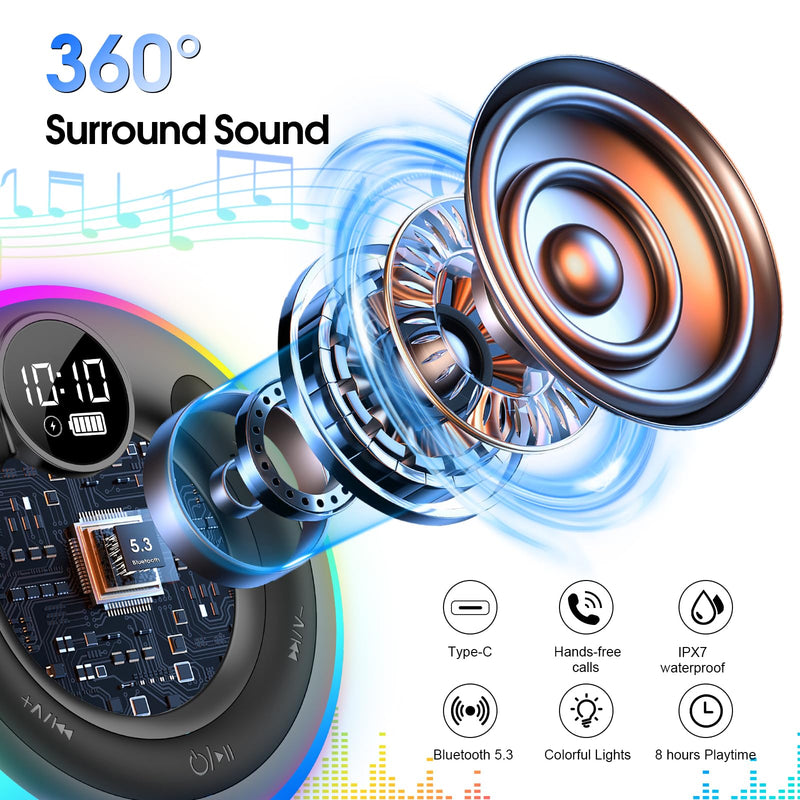 [AUSTRALIA] - Bluetooth Speaker, Shower Speaker Stereo Sound, IPX7 Waterproof Speakers, Digital Display Portable Speaker with Suction Cup, LED Light, Small Wireless Speakers for Outdoor Party Beach Bathroom, Black 