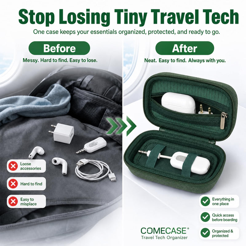 COMECASE Bluetooth Transmitter Case for AirFly SE/Pro 2/Pro/Duo | Hard EVA Travel Case with Elastic Band and Dual Straps, for AirFly and Small Audio Adapters,Commutes and Daily Carry, Green