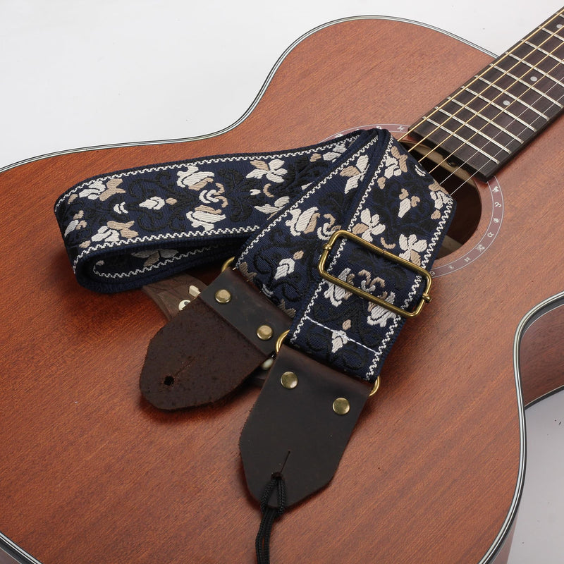 Guitar Strap,Jacquard Embroidery Cotton Guitar Straps with Crazy Horse Leather Ends for Bass, Electric & Acoustic Blue
