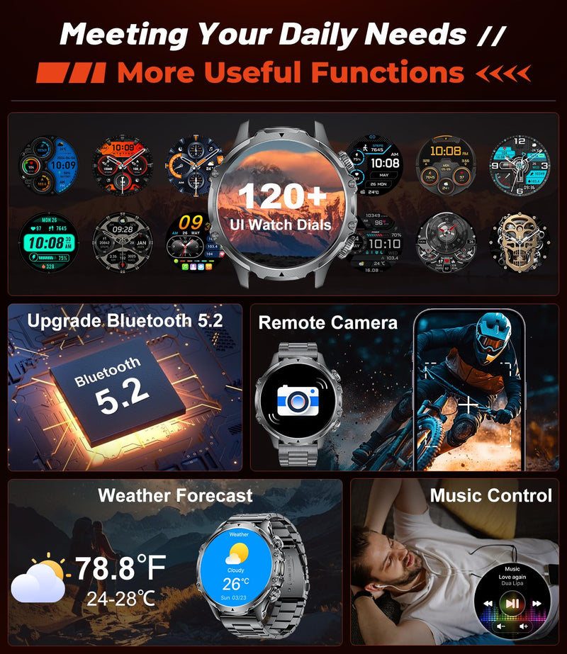 Militrary Smart Watch for Men,1.85" HD/800mAh Battery Smart watches for Android/iOS (Bluetooth Call Answer/Calls)Fitness Tracker,100+ Sports/LED Flashlight/IP68 Waterproof/Sleep Tracker Smartwatch Black