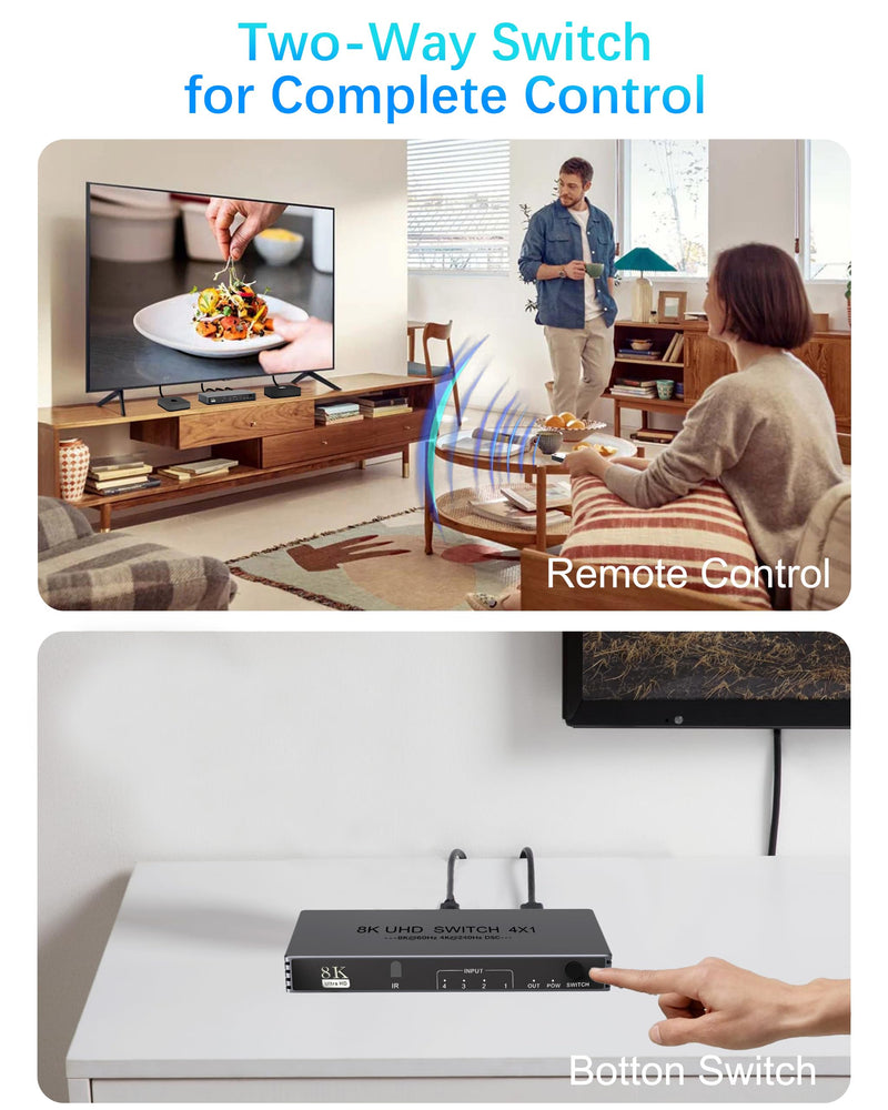 [AUSTRALIA] - HDMI Switcher 4 in 1 Out - New Upgrade 8K@60Hz 4K@240Hz/144Hz/120Hz HDMI Switch with Remote Support HDCP2.3/HDR10, for PS5/PS4 Xbox Nintendo Roku Apple TV Fire Stick 8K HDMI2.1 Splitter 