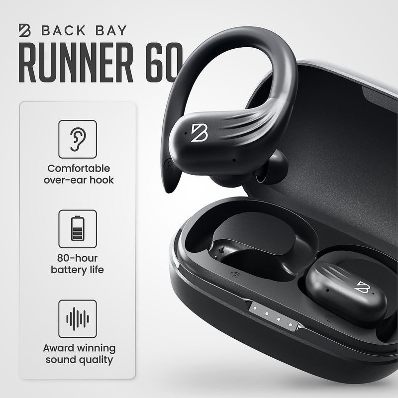 Back Bay Audio Runner Wireless Running Earbuds, Earbud Over Ear Hooks | 80-Hour Long Battery Life, Water-Resistant Wireless Running Headphones. Bass Boost, Bluetooth 5 Wireless Charging Case Runner 60 Black