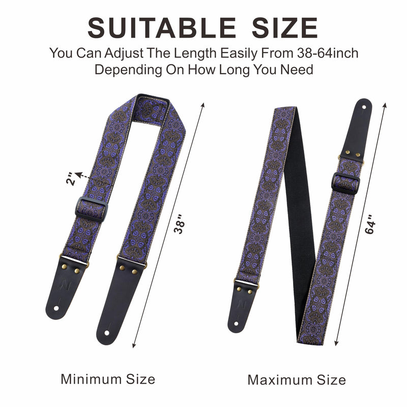 Nefelibata Guitar Strap, Vintage Embroidered Cotton Guitar Straps with Head Cowhide Leather Ends for Bass, Electric & Acoustic Guitars, with Free Strap Button, 1 Pair Strap Locks and 4 Guitar Picks Purple
