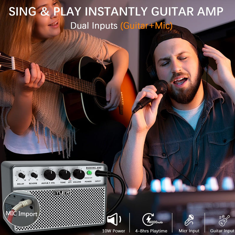 Yuer BA-10Pro 10W Acoustic Guitar Amp, Portable Vocal & Guitar Amplifier with Digital Delay/Reverb Effect Headphone Jack/OTG Wireless Small Guitars Amp for Recording, Practice, Travel with Carry Bag