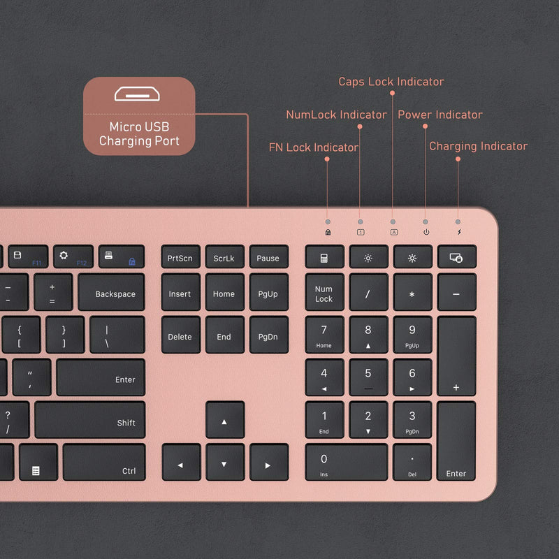 seenda Rechargeable Wireless Keyboard Mouse Combo Full Size Cordless Keyboard & Mouse Sets with Build-in Lithium Battery Ultra Thin Quiet Keyboard Mice (Black and Rose Gold) Black and Rose Gold