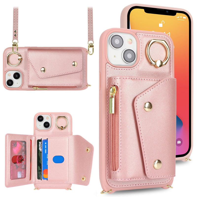 for iPhone 14 Case with Card Holder and Strap - Zipper Pocket,Crossbody Lanyard Strap,Credit Card Holder,Stand Ring,Cute Phone Wallet Case for Women(Rose Gold,6.1 Inch) A-Rose Gold