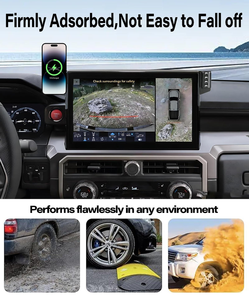 Car Phone Mount for 2024 2025 2026 Toyota Tacoma/2025 4Runner Accessories | 14-in Screen Clip-On MagSafe 15W Fast Wireless Charger Cell Phone Holder, 3D Fit Navigation 360° Rotatable Cradle fit for 2024-2026 Tacoma/2025 4Runner (14 Inch)