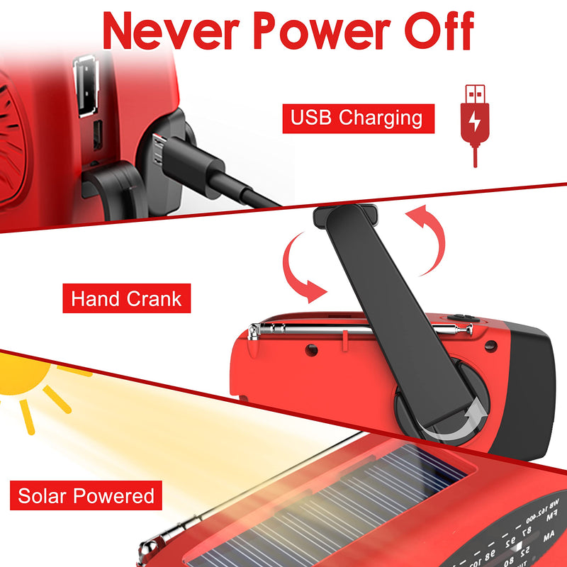 [AUSTRALIA] - RunningSnail Emergency Hand Crank Radio With LED Flashlight For Emergency, AM/FM NOAA Portable Weather Radio With 2000mAh Power Bank Phone Charger, USB Charged & Solar Power For Camping, Emergency 087-Red 
