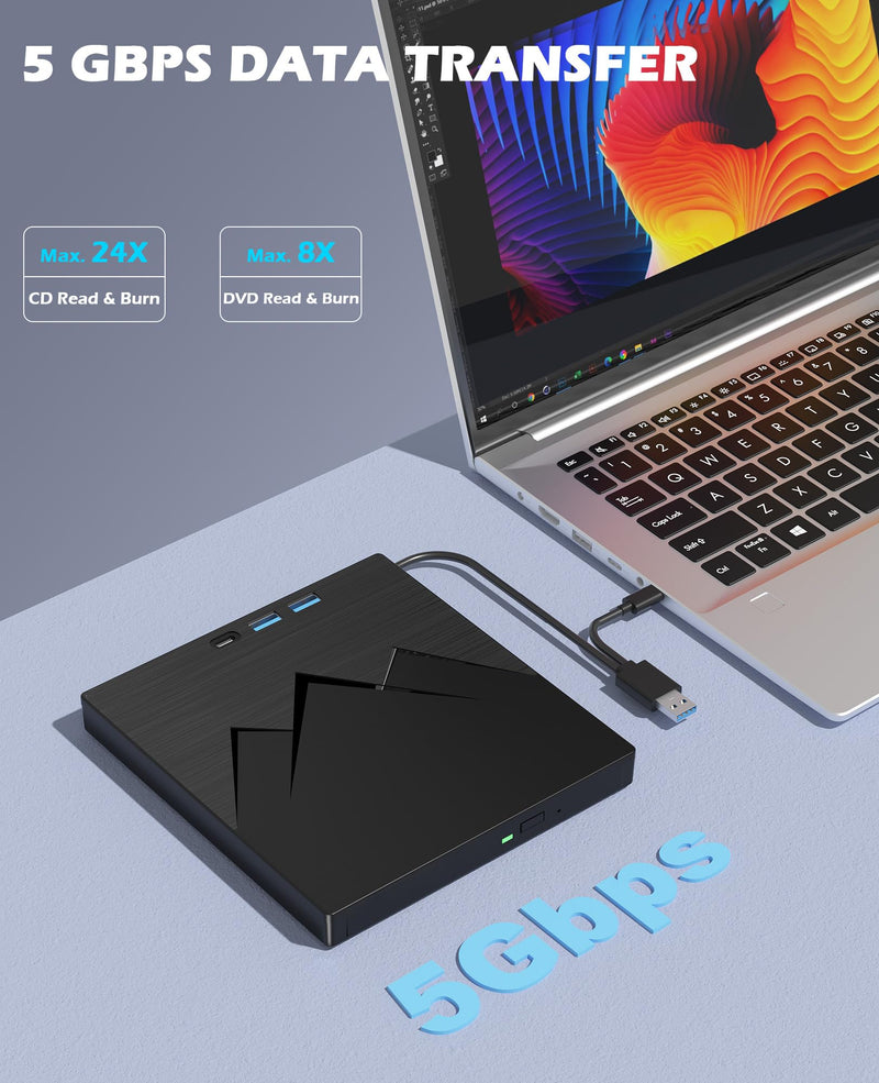 Wbacon 7 in 1 External CD/DVD Drive for Laptop with Ethernet Adapter | Portable CD/DVD Reader Writer with LAN Port & USB 3.0 & 2 SD/TF Ports, External CD Drive for PC Windows 11/10/8/7/XP Linux