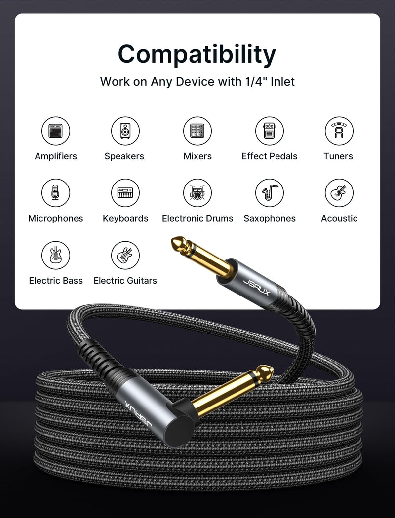 JSAUX 1/4 Inch Guitar Cable 10FT, Guitar Cord Compatible with Electric Guitar, Bass, Drums, Pedals, Amplifiers, Preamps, Mixers, Tuners, Speakers, Acoustic, Right Angle Guitar Cable Grey